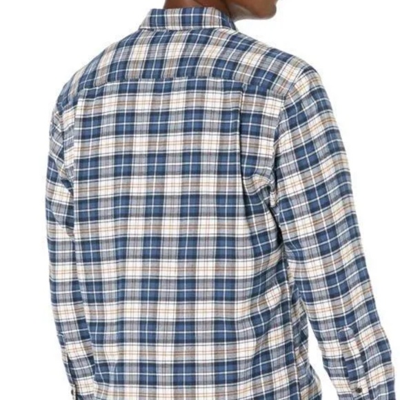 NWT Amazon Essentials Men’s Blue & White Plaid Flannel Shirt w/ Mustard Accent - Picture 2 of 4
